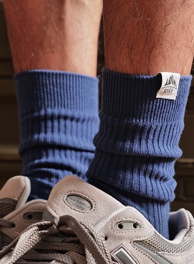 水军蓝色日系布标中筒袜男款夏薄款高帮运动长袜港风纯棉高筒潮袜