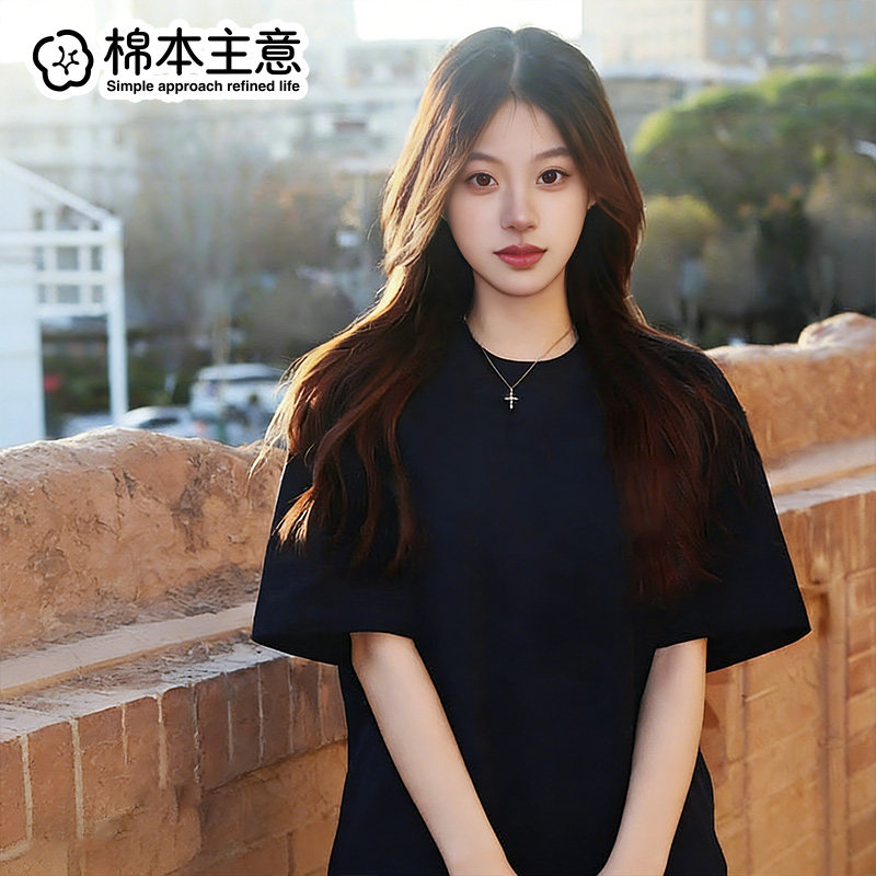 宽松落肩短袖t恤女夏季纯棉半袖
