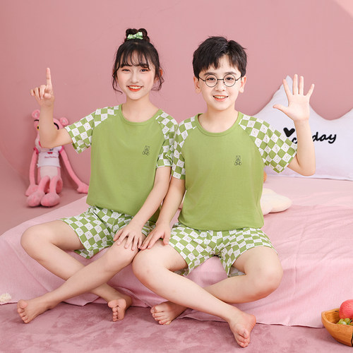 儿童纯棉短袖套装新款薄款亲子装女童家居服长裤夏季空调亲子睡衣