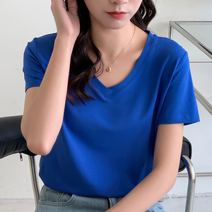 RM7935#后包领珠地棉透气纯色白色t恤女短袖2023年新款V领内搭半袖夏上衣