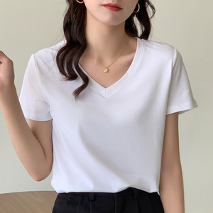 RM7935#后包领珠地棉透气纯色白色t恤女短袖2023年新款V领内搭半袖夏上衣