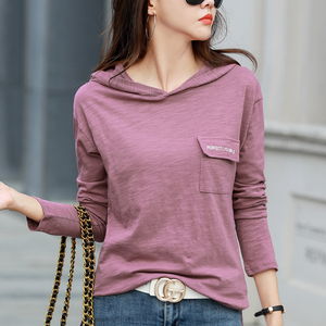 RM23821#纯棉竹节棉宽松大码胖mm连帽长袖T恤大码女装打底衫潮
