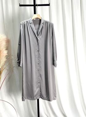 桑蚕丝简约长袖衬衫裙女宽松百搭灰色纽扣GP26A-252