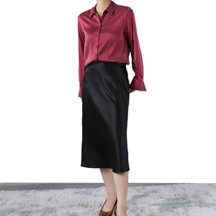 女 长袖 基本款 上衣重磅22姆米软糯红色桑蚕丝杭州缎面真丝衬衫