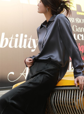 篙级重磅36姆米紫灰色衬衫丝滑缎面垂感宽松舒适纯色长袖衬衫