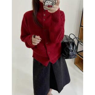 红色高领毛衣外套女秋冬季内搭可外穿加厚宽松慵懒风针织开衫上衣