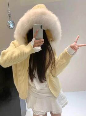 大毛领针织连帽开衫女宽松