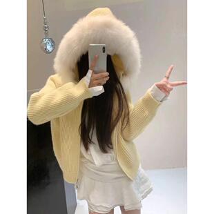 大毛领针织连帽开衫女宽松洋气保暖短款拉链衫高级感秋冬毛衣外套