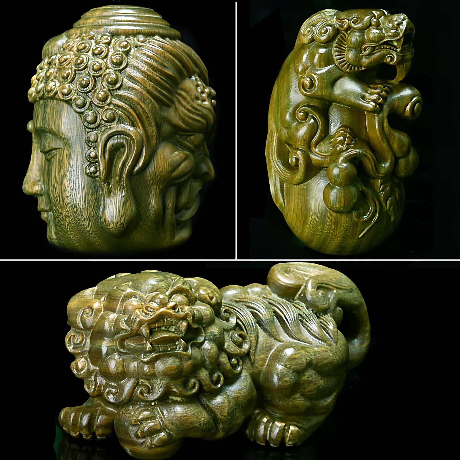 绿檀木雕工艺品佛魔狮子球手把件