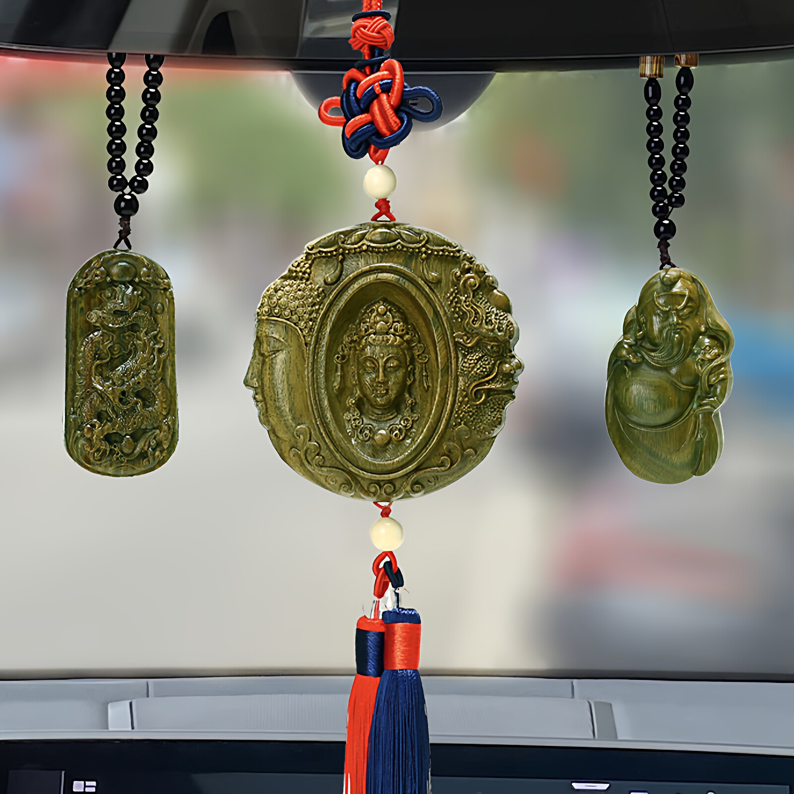 天然绿檀木雕刻财神关公寿星一念之间工艺品车挂汽车摆件饰品木雕