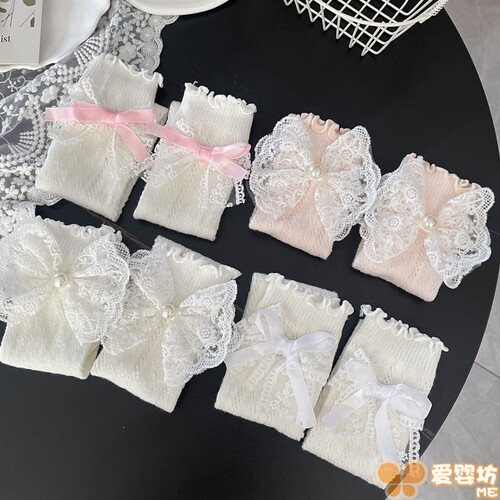 蝴蝶结直板网眼中筒袜公主风夏季