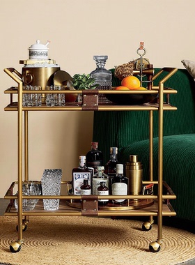 移动铁艺餐车酒吧手推车别墅高档metal cart金色皮革板材酒水餐车