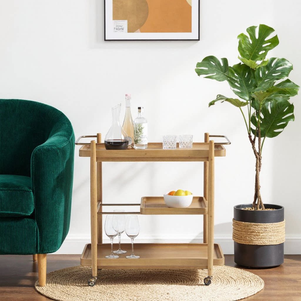 实木三层移动餐车带轮推车多层收纳置物架家用餐厅小推车金属餐车