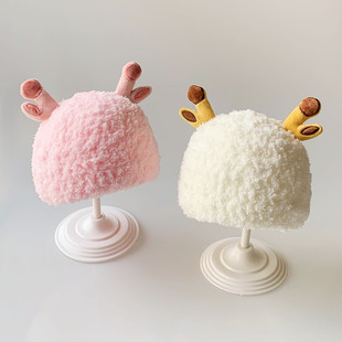 冬季男女宝宝婴幼儿帽子护耳加厚保暖绒卡通麋鹿角0-3-6个月套头