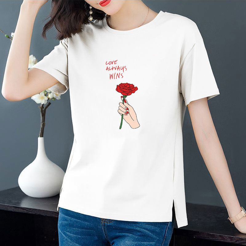 Cotton 6 colors large round neck split short sleeve T-shirt women's casual versatile top