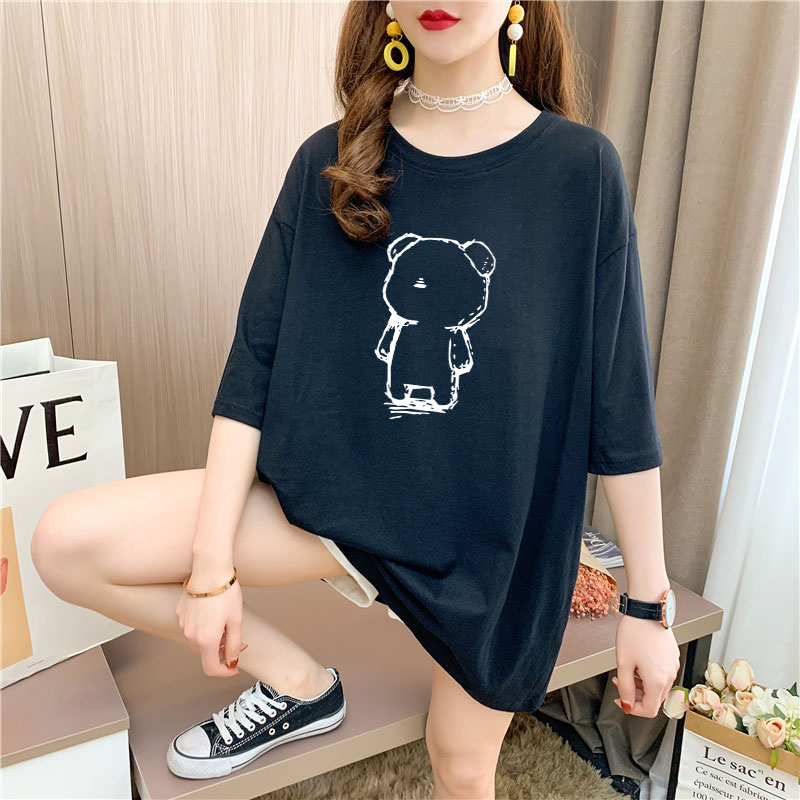 Real shot 9 colors 26 thread cotton medium length loose oversize summer Korean Short Sleeve T-Shirt