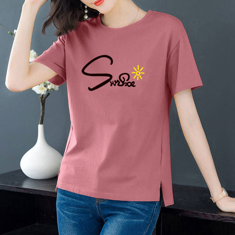 Cotton 6 colors large round neck split short sleeve T-shirt women's casual versatile top