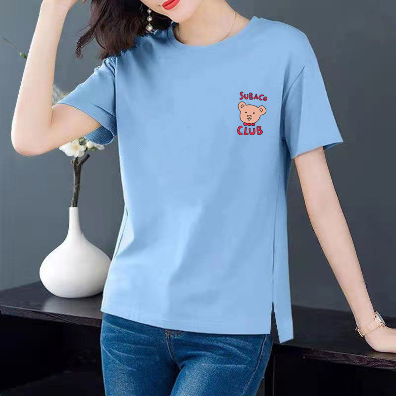 Cotton 6 colors large round neck split short sleeve T-shirt women's casual versatile top