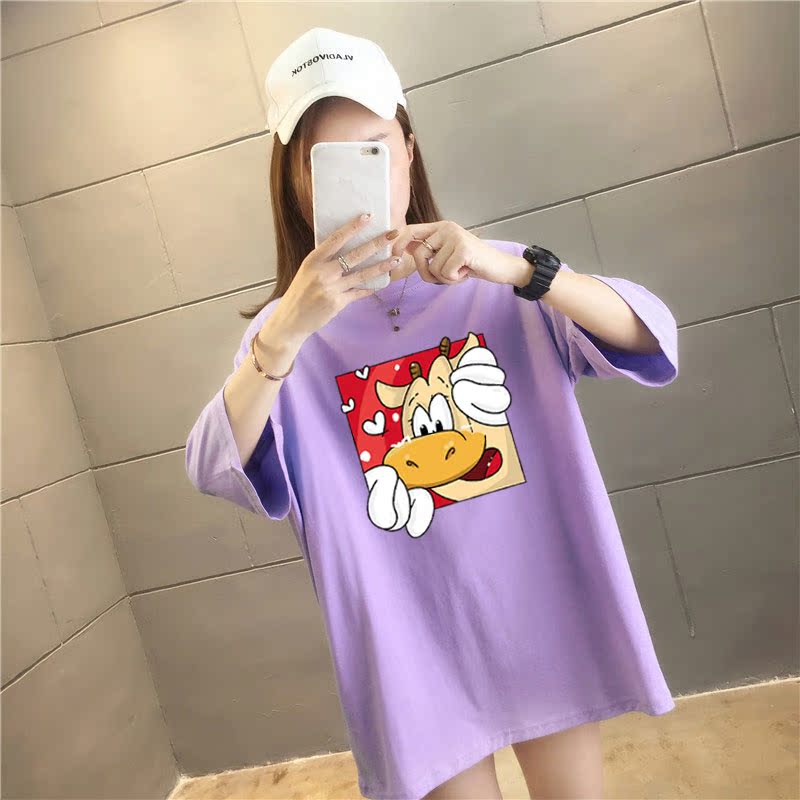 5 colors summer fat mm loose large medium length 26 thread cotton Korean Short Sleeve T-Shirt