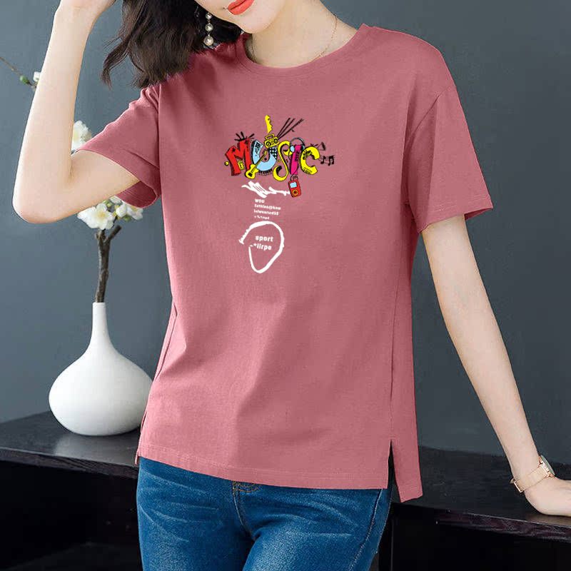 Cotton 6 colors large round neck split short sleeve T-shirt women's casual versatile top