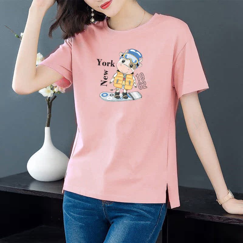 Cotton 6 colors large round neck split short sleeve T-shirt women's casual versatile top