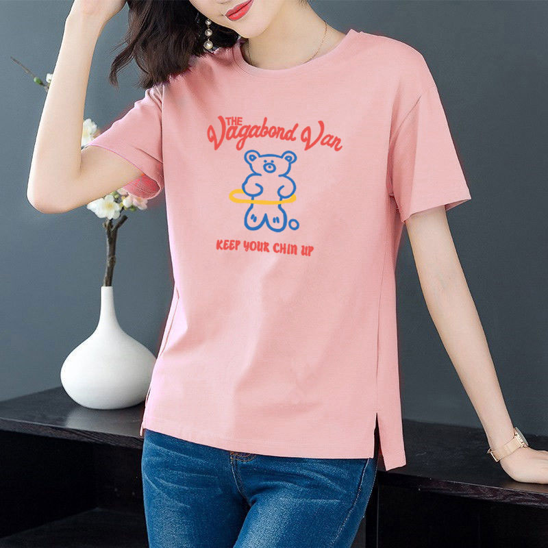 Cotton 6 colors large round neck split short sleeve T-shirt women's casual versatile top