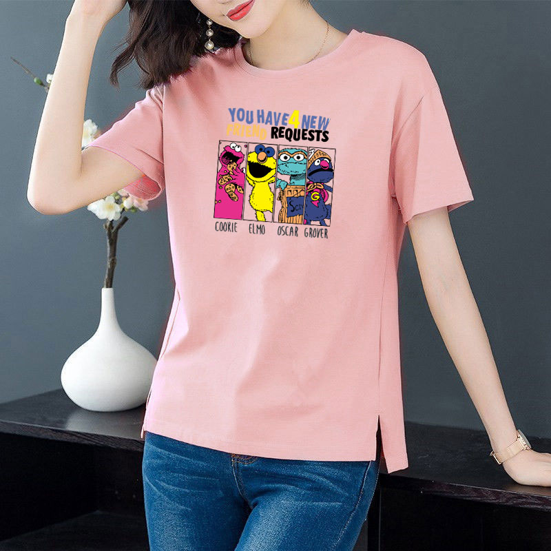 Cotton 6 colors large round neck split short sleeve T-shirt women's casual versatile top