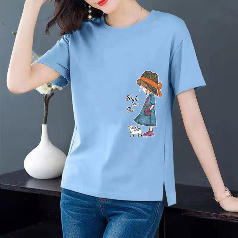 Cotton 6 colors large round neck split short sleeve T-shirt women's casual versatile top