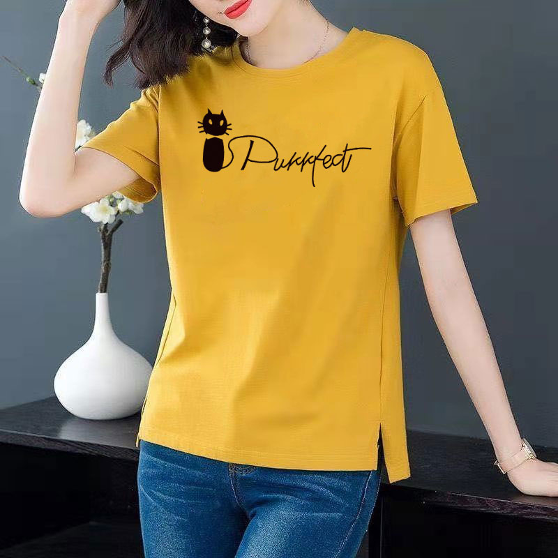 Cotton 6 colors large round neck split short sleeve T-shirt women's casual versatile top