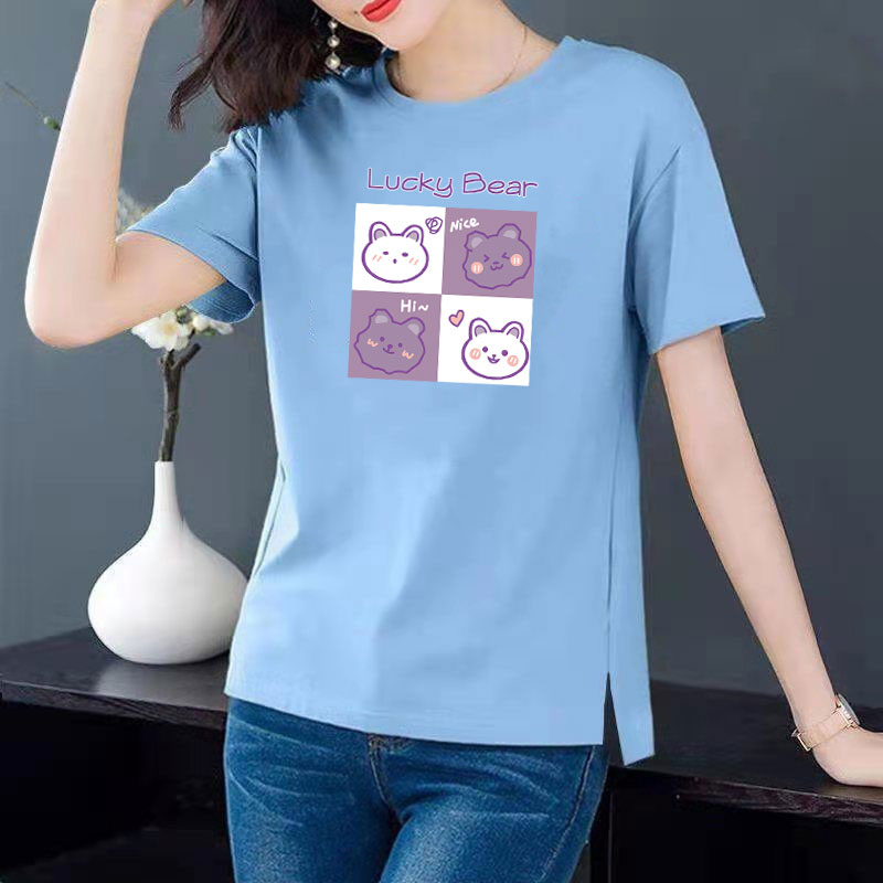 Cotton 6 colors large round neck split short sleeve T-shirt women's casual versatile top