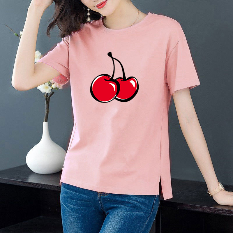 Cotton 6 colors large round neck split short sleeve T-shirt women's casual versatile top