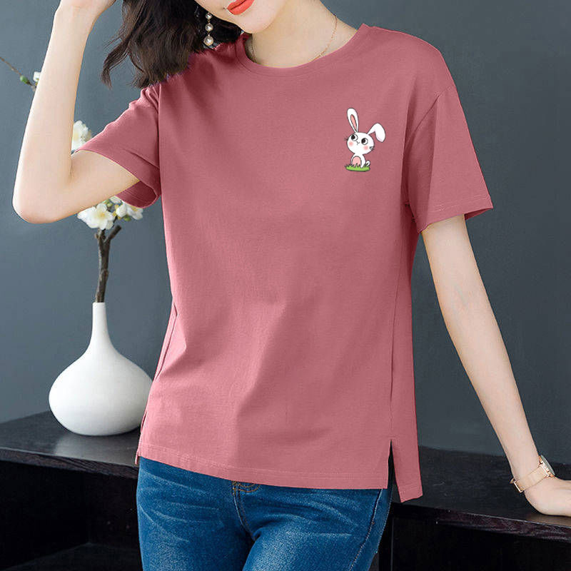 Cotton 6 colors large round neck split short sleeve T-shirt women's casual versatile top