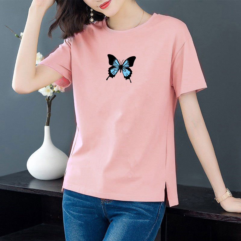 Cotton 6 colors large round neck split short sleeve T-shirt women's casual versatile top