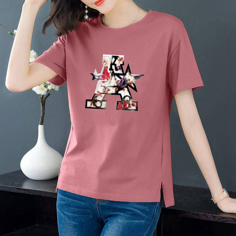 Cotton 6 colors large round neck split short sleeve T-shirt women's casual versatile top