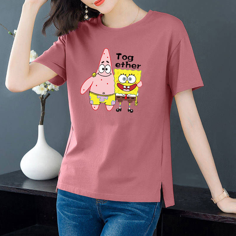 Cotton 6 colors large round neck split short sleeve T-shirt women's casual versatile top