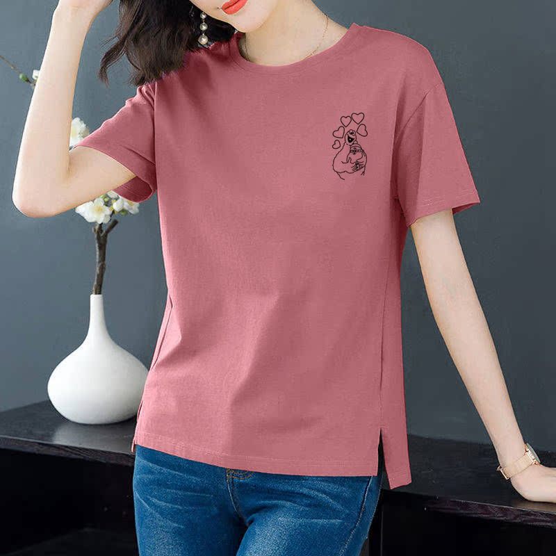 Cotton 6 colors large round neck split short sleeve T-shirt women's casual versatile top