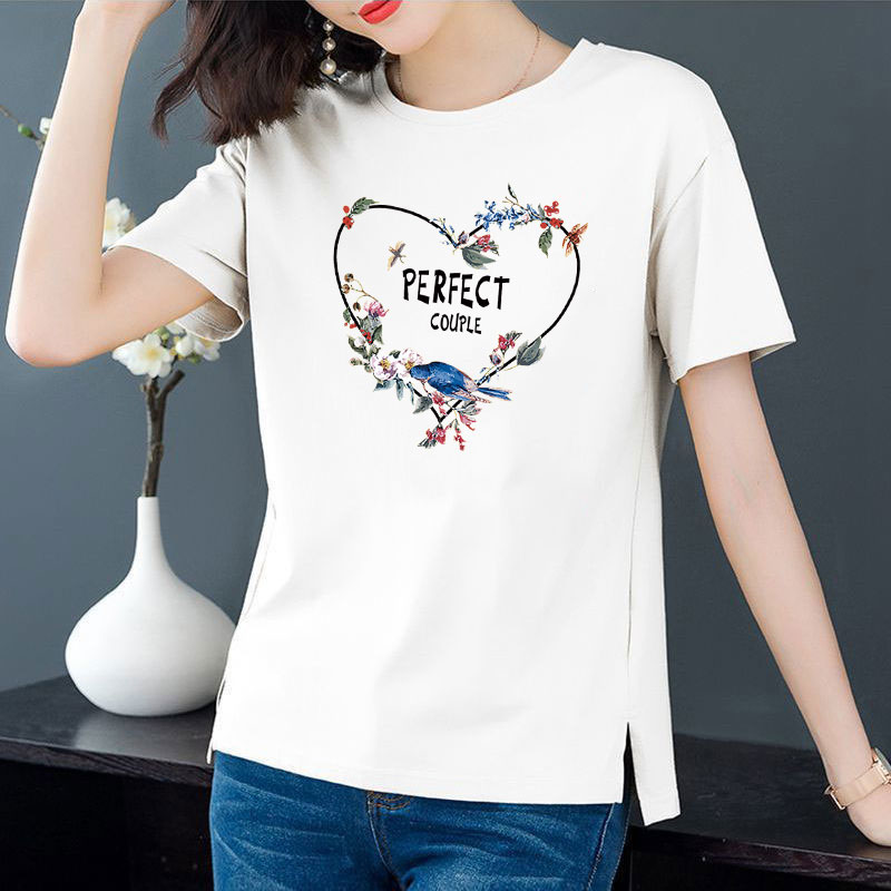 Cotton 6 colors large round neck split short sleeve T-shirt women's casual versatile top