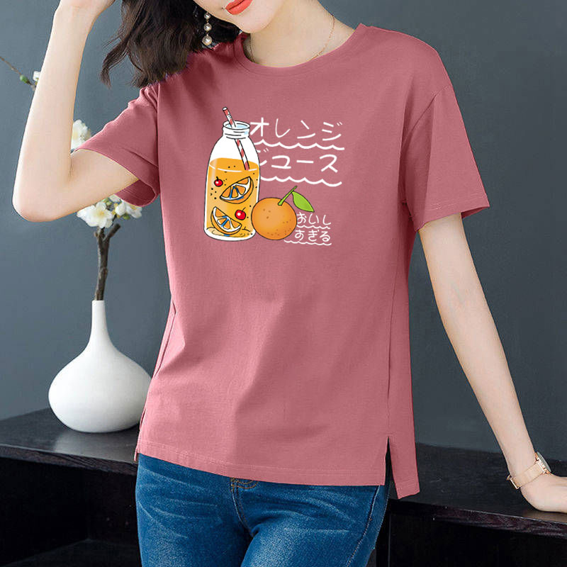 Cotton 6 colors large round neck split short sleeve T-shirt women's casual versatile top