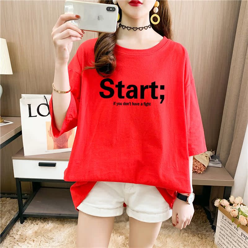 Real shot cotton medium length loose oversize summer dress 9 colors Korean Short Sleeve T-shirt for women