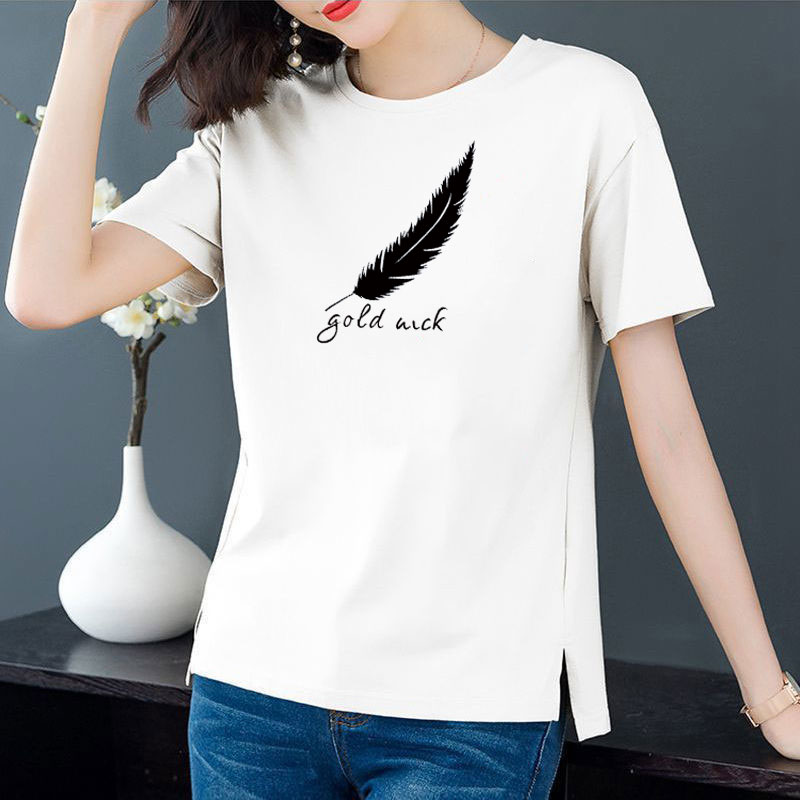 Cotton 6 colors large round neck split short sleeve T-shirt women's casual versatile top