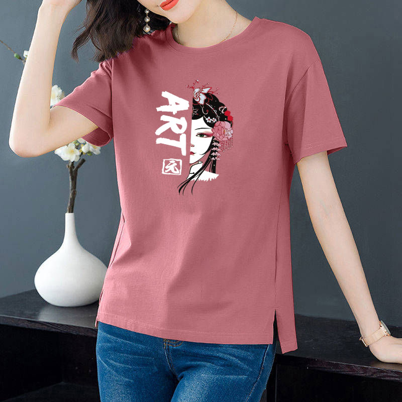 Cotton 6 colors large round neck split short sleeve T-shirt women's casual versatile top