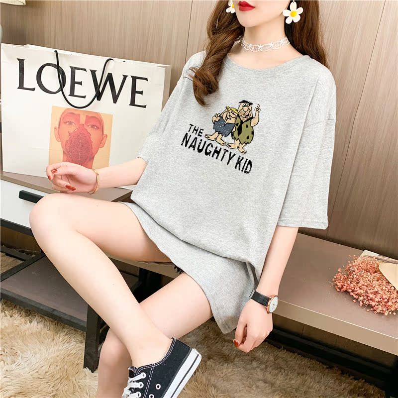 Real shot cotton medium length loose oversize summer dress 9 colors Korean Short Sleeve T-shirt for women