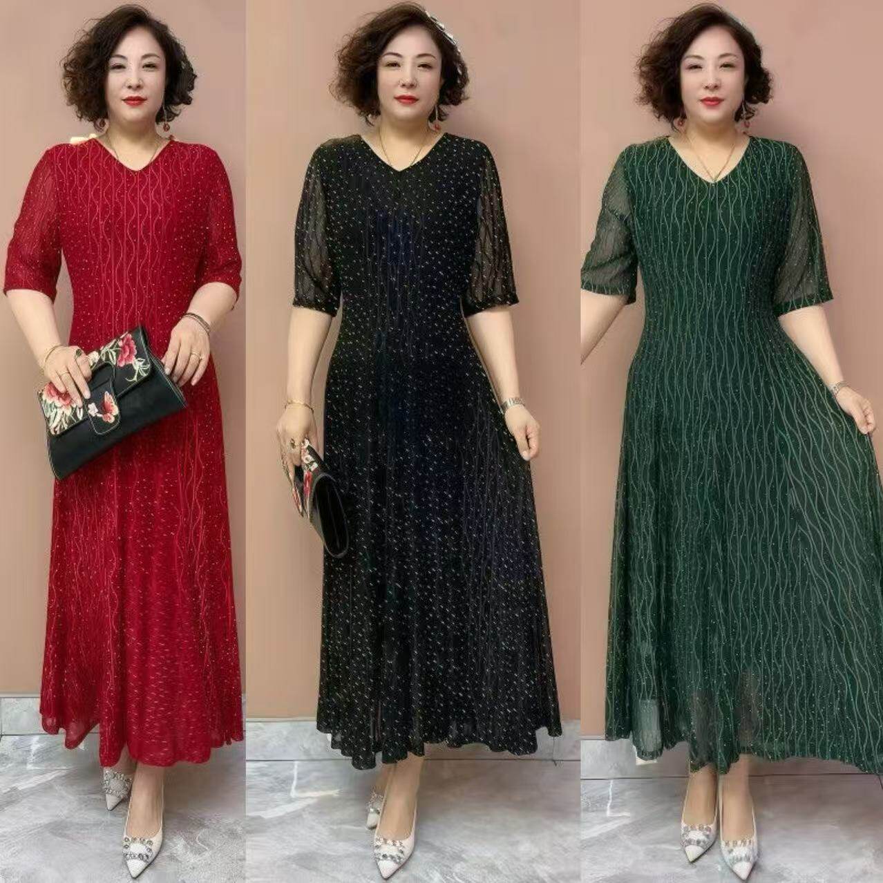 妈妈装连衣裙弹力网纱中袖夏季2026新款连衣裙中年女装长裙大摆裙