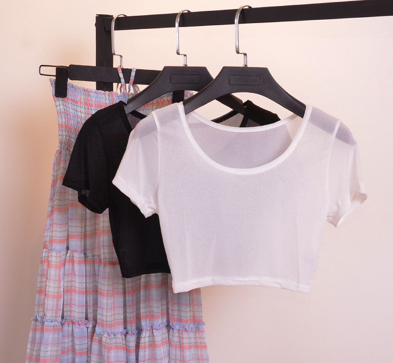 女夏装短袖款半截身露腰脐网纱打底衫内搭上衣透黑白性感大码t恤