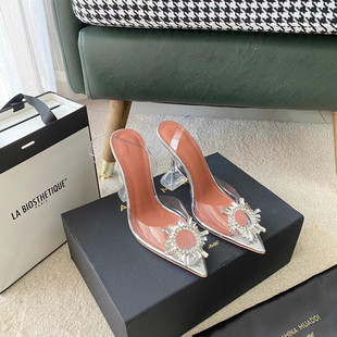 女 仙女风ins潮透明PVC包头细跟水钻宴会鞋 AM家尖头高跟凉鞋 女夏季