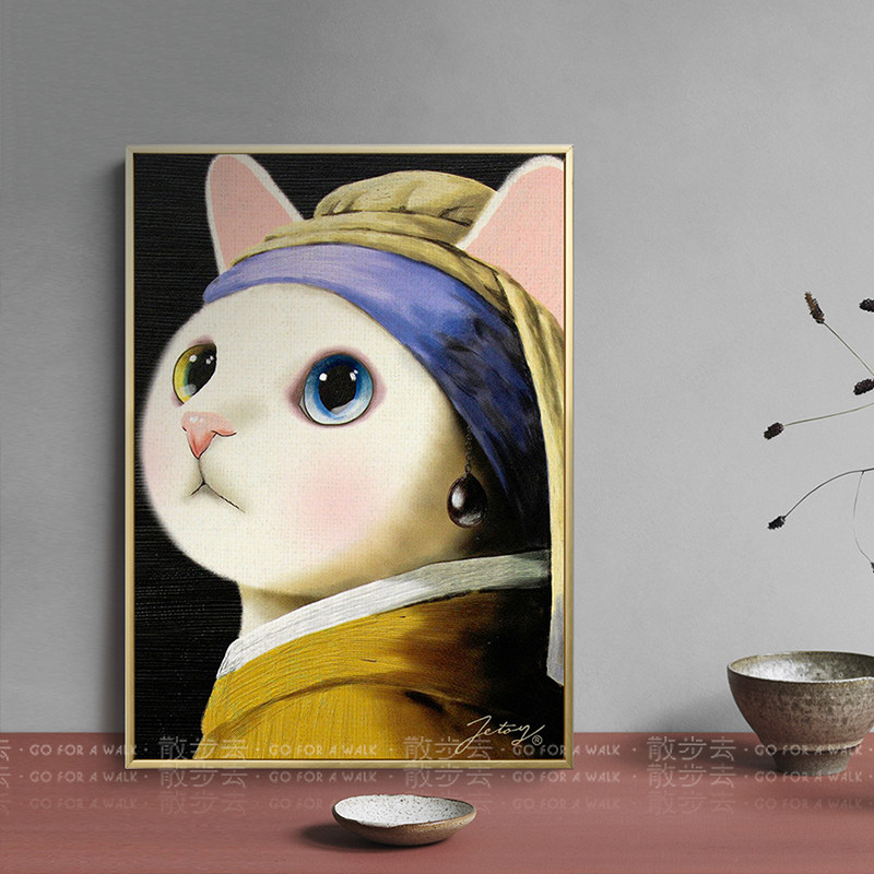 戴珍珠耳环的少女韩国猫呐喊可爱萌宠物艺术画家装客餐厅礼物装饰