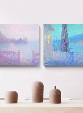 蓝紫色浪漫日出与傍晚风景装饰挂画客餐厅房间靠墙方形艺术咖啡厅