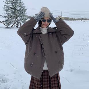 MOXI十三行女装2025年冬季新款翻领棉服中长款双排扣羽绒服外套女