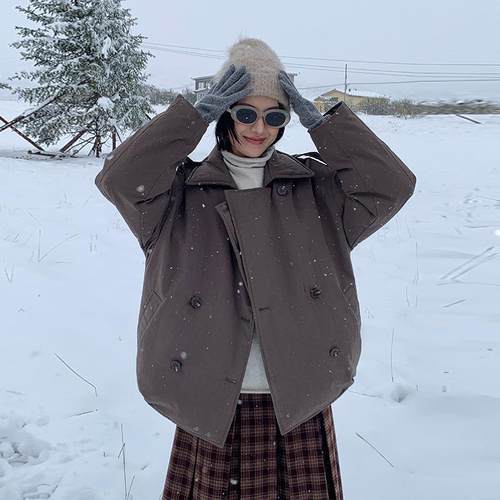 MOXI十三行女装2025年冬季新款翻领棉服中长款双排扣羽绒服外套女