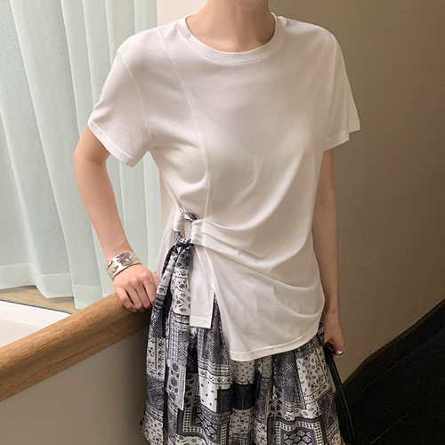 MOXI 十三行女装夏季新款韩版不规则系带短袖T恤女开叉收腰白色上